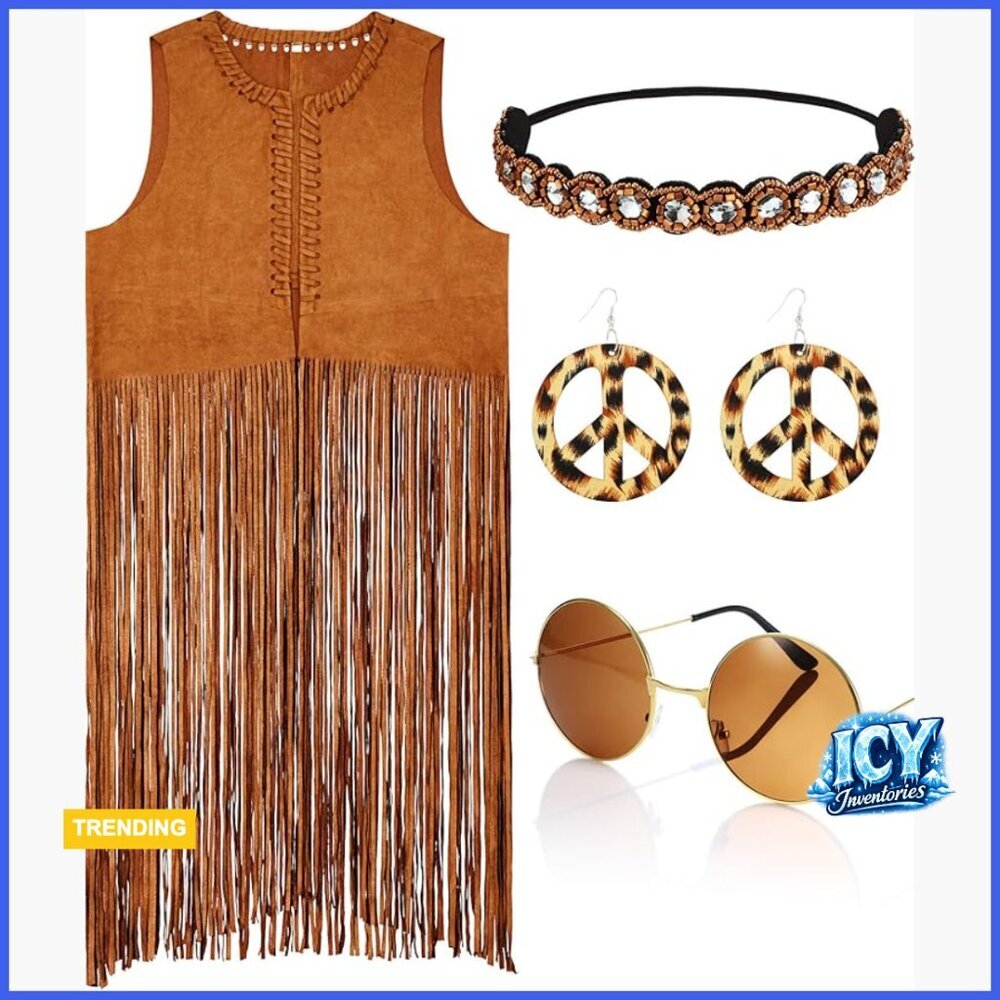 Faux Suede Fringe Vest Hippie Costume with Accessories